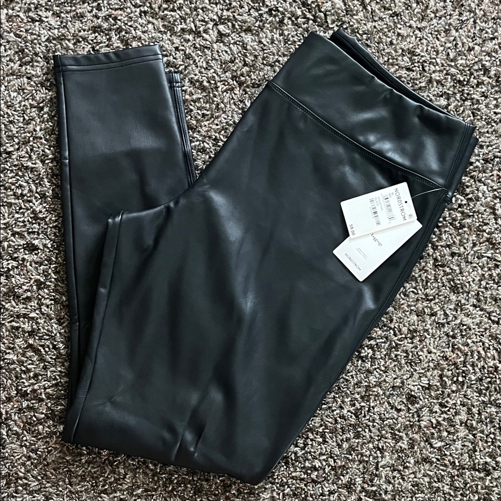 NWT Nordstrom Black Faux Leather Leggings Pants, Size XL Elastic Waist